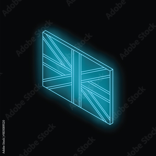 Bright neon united kingdom flag glowing on a dark background with isometric projection