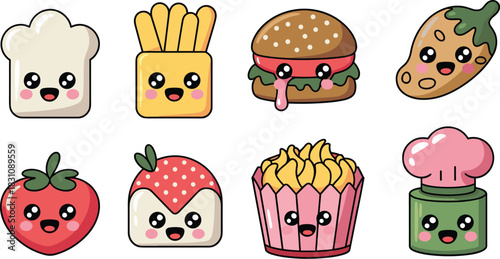 Adorable kawaii food icon set illustration featuring happy smiling cartoon snacks like a cheeseburger, french fries, sweet strawberry, savory pepper, chef hat, and popcorn, ideal for playful modern ma