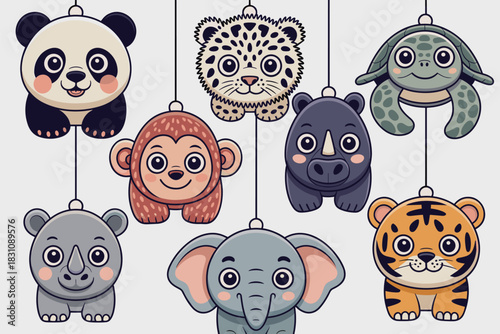 Adorable cheerful baby jungle and safari wild animals hanging cartoon vector illustration set, perfect for educational applications and children’s design, featuring endangered species including panda,