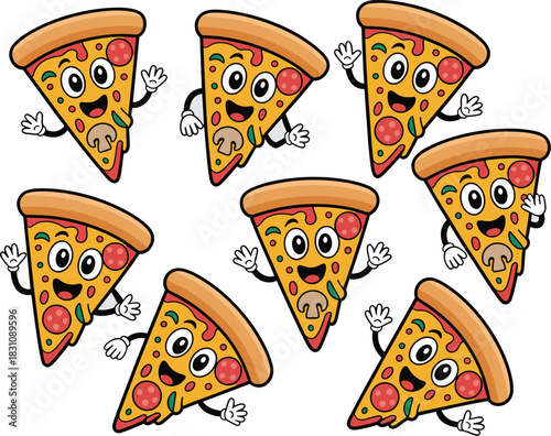 Cheerful animated pizza slices pattern, featuring anthropomorphic cartoon fast food characters happily smiling and waving, a playful colorful vector illustration designed for Italian restaurant advert