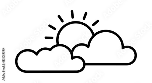 Simple black and white line drawing of sun partially obscured by two clouds