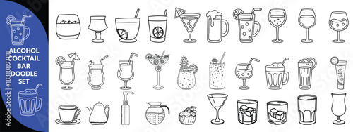 Alcohol cocktail bar doodle set, vector hand drawn beverages party illustration, champagne glasses. Waiter arm with tray, bartender preparing drinks, gin bottle menu line icon. Cocktail big  set .
