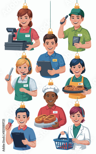 Diverse group of essential service workers and retail staff portrayed as festive Christmas holiday ornaments, cheerfully smiling while ready for commerce, customer service, and employment across vario