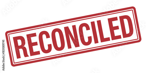 A red reconciled stamp angled on a white background with a double line border