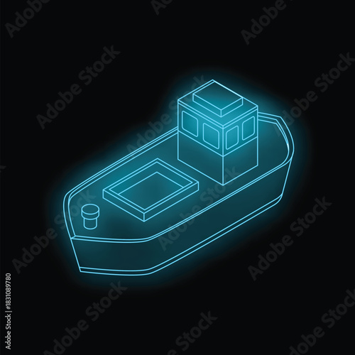 Neon blue wireframe tugboat glowing on black background, representing maritime concepts
