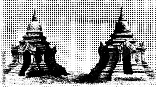 Temple structures in black and white with a dotted pattern. This set showcases historical architecture in a simple vector illustration.