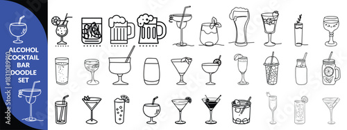 Alcohol cocktail bar doodle set, vector hand drawn beverages party illustration, champagne glasses. Waiter arm with tray, bartender preparing drinks, gin bottle menu line icon. Cocktail big  set .