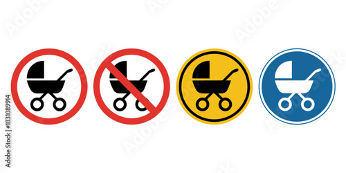 Four circular signs displaying stroller icons in various colors and configurations