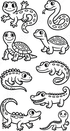 Engaging black and white cartoon reptile animal coloring page featuring playful characters like a happy gecko, coiled snake, cheerful tortoise, grinning crocodile, and various lizards, ideal for child