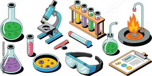 Detailed isometric vector illustration showing essential scientific laboratory equipment and research apparatus including flasks, microscope, test tubes, Bunsen burner flame, and safety goggles, symbo