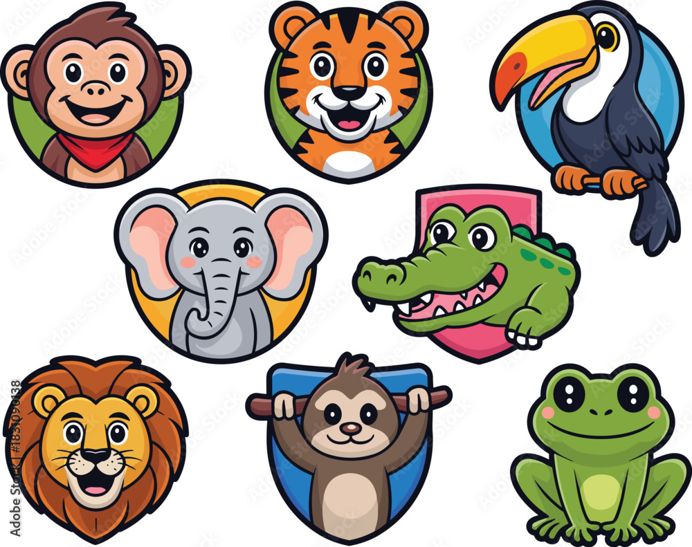 Naklejka premium Cute jungle safari animals vector illustration set featuring smiling exotic wildlife mascots; a perfect graphic collection bundle for children's education, playful branding, and modern vector art adve