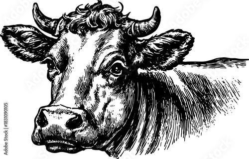 Cow illustrated in vintage outline style. Detailed black and white engraving vector illustration showcasing classic anatomy.