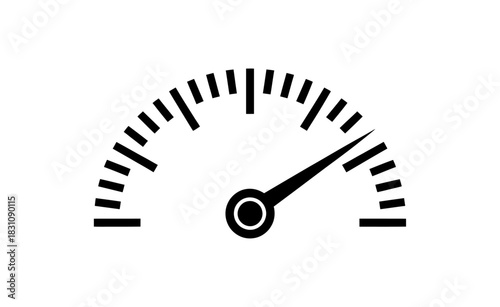 Black and white graphic of a speedometer with needle pointing to the right side