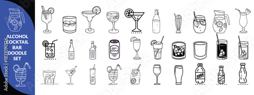 Alcohol cocktail bar doodle set, vector hand drawn beverages party illustration, champagne glasses. Waiter arm with tray, bartender preparing drinks, gin bottle menu line icon. Cocktail big  set .
