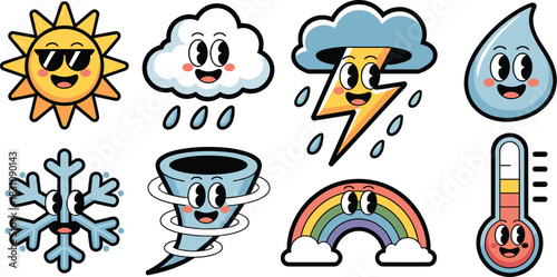 A collection of cute retro cartoon weather icons featuring the sun with sunglasses, rainy cloud, thunderstorm lightning bolt, swirling tornado, happy snowflake, colorful rainbow, water droplet, and sm