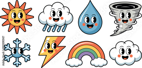 Cheerful retro cartoon weather icons set featuring cute happy sun, rainy cloud, snowflake, lightning bolt, rainbow, and tornado symbols, perfect graphic resources for education, mobile apps, and vinta