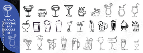 Alcohol cocktail bar doodle set, vector hand drawn beverages party illustration, champagne glasses. Waiter arm with tray, bartender preparing drinks, gin bottle menu line icon. Cocktail big  set .