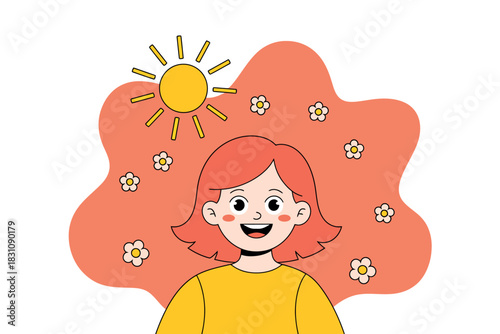 A smiling young person with red hair enjoys a sunny day with flowers around them.