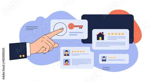 User's hand selecting a property rental online by clicking on a key icon, alongside customer reviews and star ratings for houses.