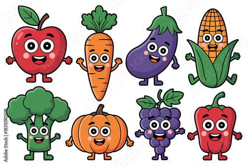 Adorable cartoon fruit and vegetable mascot characters collection standing happily together on a clean white background, featuring fresh apple, carrot, corn, eggplant, broccoli, pumpkin, grapes, and p