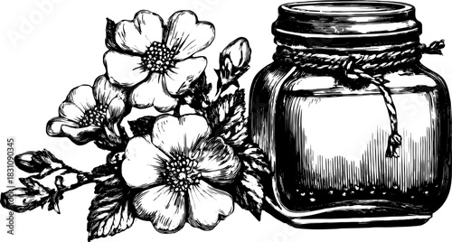 Jam jar with flowers, a vintage vector illustration. Simple black and white art showcasing natural ingredients in a realistic design.