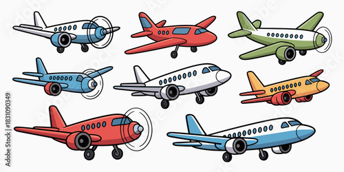 A vibrant collection of nine diverse cartoon airplanes and colorful aircraft illustrations, including classic propeller planes and modern jetliners, rendered as playful vector graphic resources for tr
