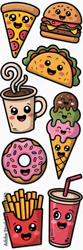 A cute kawaii cartoon vector illustration set of anthropomorphic fast food characters, featuring smiling pizza, happy hamburger, cheerful taco, sweet donut, frosty ice cream cone, hot coffee, salty fr