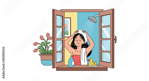 Cheerful woman enjoying her morning routine by washing her hair in the shower, viewed through an open window with a plant and rubber duck.