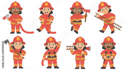 Empowering set of diverse female firefighters and brave women professionals performing critical emergency service jobs, showing community safety and heroism, a cheerful flat vector cartoon graphic ill