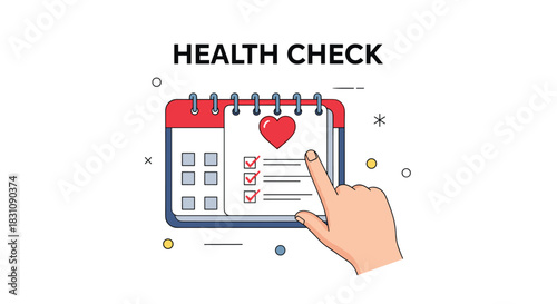 Pointing finger selecting a date for a medical examination on a digital calendar with a health checklist and a heart icon representing wellness.