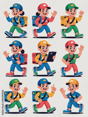 Diverse cheerful delivery couriers and shipping service workers set, happily running and walking with insulated thermal backpacks, symbolizing essential e-commerce logistics, package transport, and fo