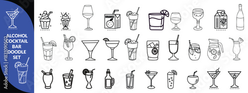 Alcohol cocktail bar doodle set, vector hand drawn beverages party illustration, champagne glasses. Waiter arm with tray, bartender preparing drinks, gin bottle menu line icon. Cocktail big  set .