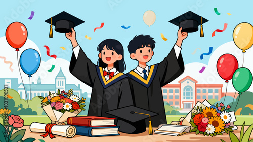 This colorful illustration shows joyful graduates in gowns and caps raising their diplomas and caps, surrounded by balloons and confetti, celebrating their graduation on a campus backdrop.