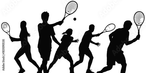 Silhouettes of people playing tennis with rackets and a ball in mid air action
