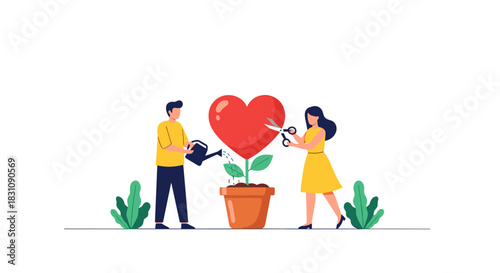 Caring couple working together to nurture their relationship, symbolized by a man watering and a woman pruning a growing heart-shaped plant.