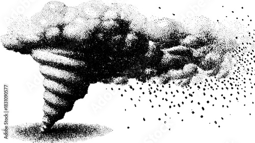 Tornado illustration in vintage engraving style. This black outline vector drawing showcases the powerful form and dynamic movement of a tornado in a set.