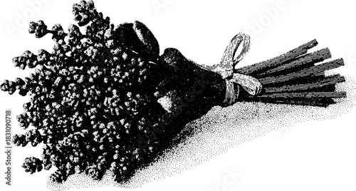 Vintage bouquet engraving in detailed black outline. Elegant hand-drawn floral vector illustration set for decorative art or graphic design.