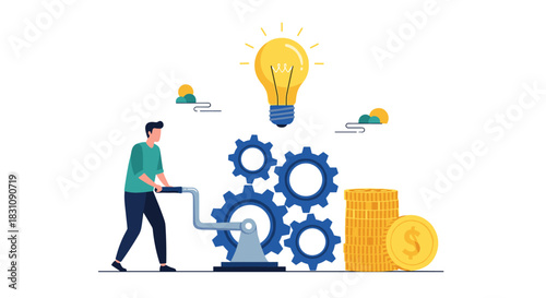 Man operating a machine with gears that turns an idea, represented by a lightbulb, into profit, symbolized by a stack of gold coins.