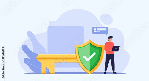 Man using a laptop in front of a giant golden key and a green security shield, illustrating the concept of secure online access.