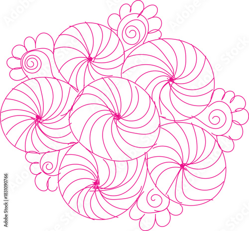 Abstract swirling circular pattern design in magenta outline, for textile or quilting application