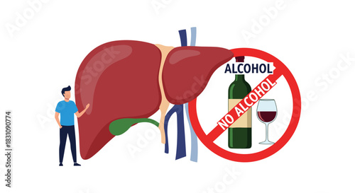 Healthy human liver with a small man standing beside it and a 'No Alcohol' sign over a bottle and glass, promoting liver health.