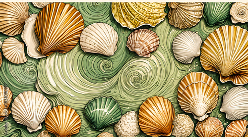 Seashells in decorative sea waves. Dynamic illustration. Shell background.
