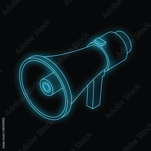 Glowing blue megaphone on black background representing communication, announcement, or marketing
