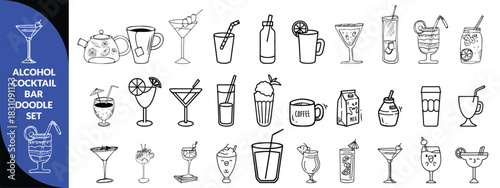 Alcohol cocktail bar doodle set, vector hand drawn beverages party illustration, champagne glasses. Waiter arm with tray, bartender preparing drinks, gin bottle menu line icon. Cocktail big  set .