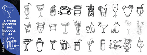 Alcohol cocktail bar doodle set, vector hand drawn beverages party illustration, champagne glasses. Waiter arm with tray, bartender preparing drinks, gin bottle menu line icon. Cocktail big  set .