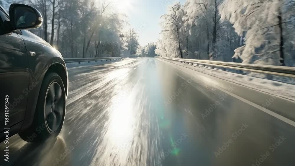Winter road journey: car driving on icy highway with frostcovered trees ...