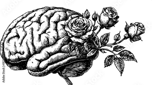 Outline illustration of a brain and rose in vintage engraving style. This black and white vector artwork features a unique set of detailed elements.