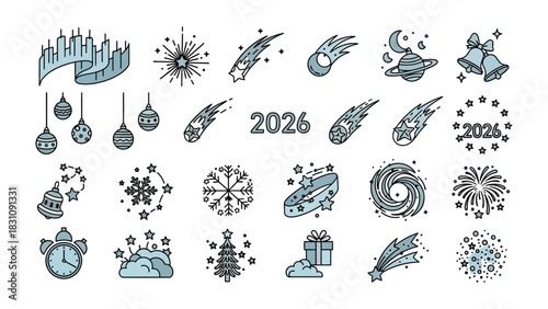 New Year's Icon Pack: A collection of various icons representing the new year of 2026. This pack is filled with themes of festive joy, celestial wonder and holiday season!