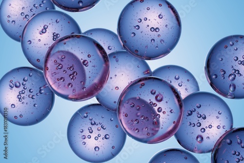 Transparent spheres with cellular-like inclusions on a blue background, ideal for scientific visuals, medical branding, and futuristic abstract design concepts