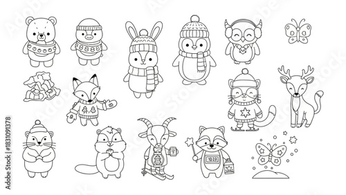 Whimsical Winter Wonderland: A collection of charming cartoon animals, each dressed in cozy winter attire. ready to spread warmth and joy, create a playful and festive atmosphere.